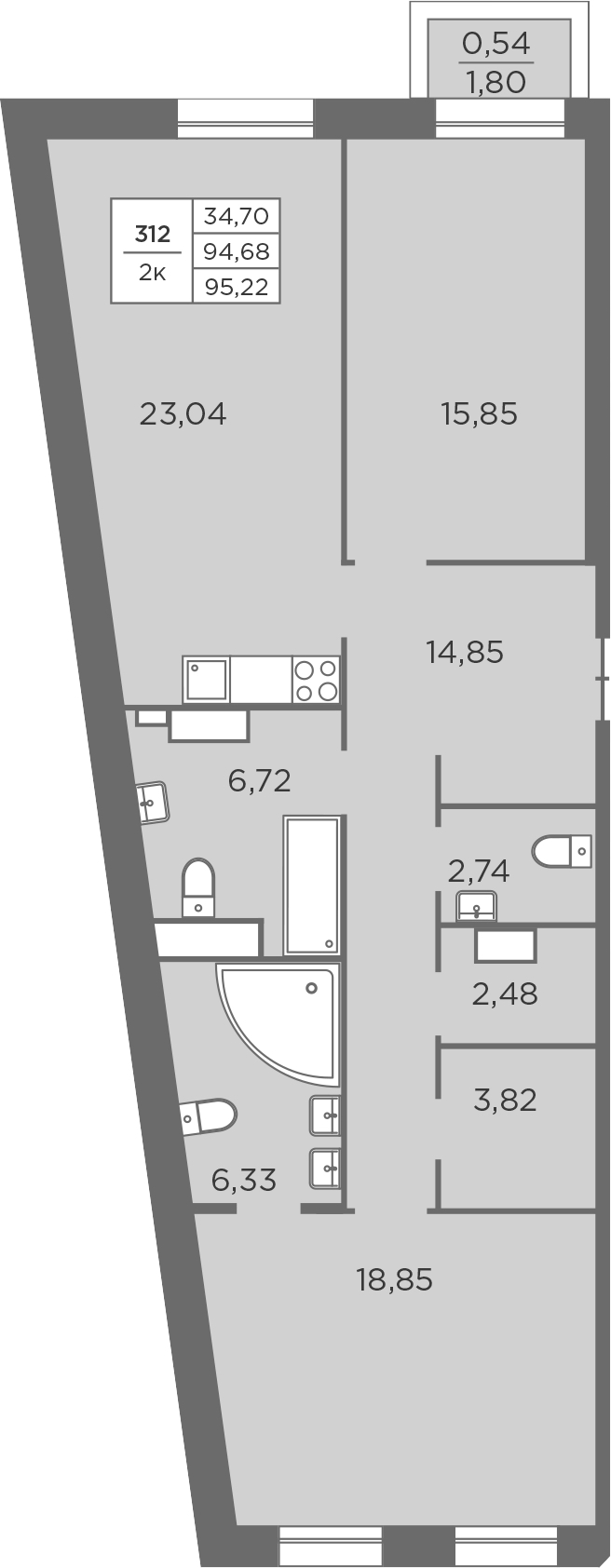 2-комнатная квартира 95.22 м², 5/8 эт., ЖК «Северная Корона»